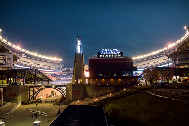 The famous bridge and lighthouse at Gillette Stadium during a New England Patriots game.