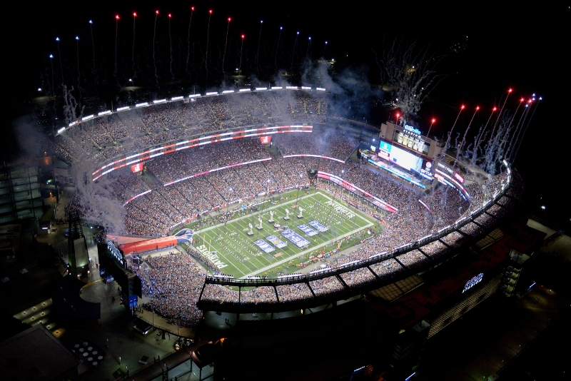 Fireworks go off during halftime during an NFL game.