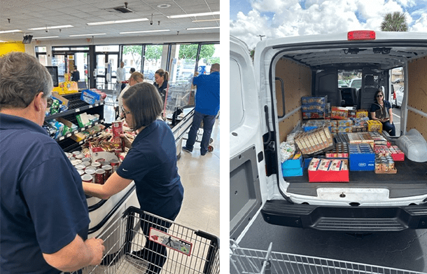 Two pictures of people loading groceries into a van.