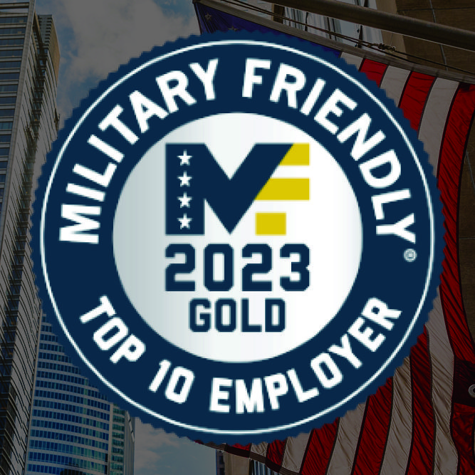 A badge with the words military friendly top 10 employee.