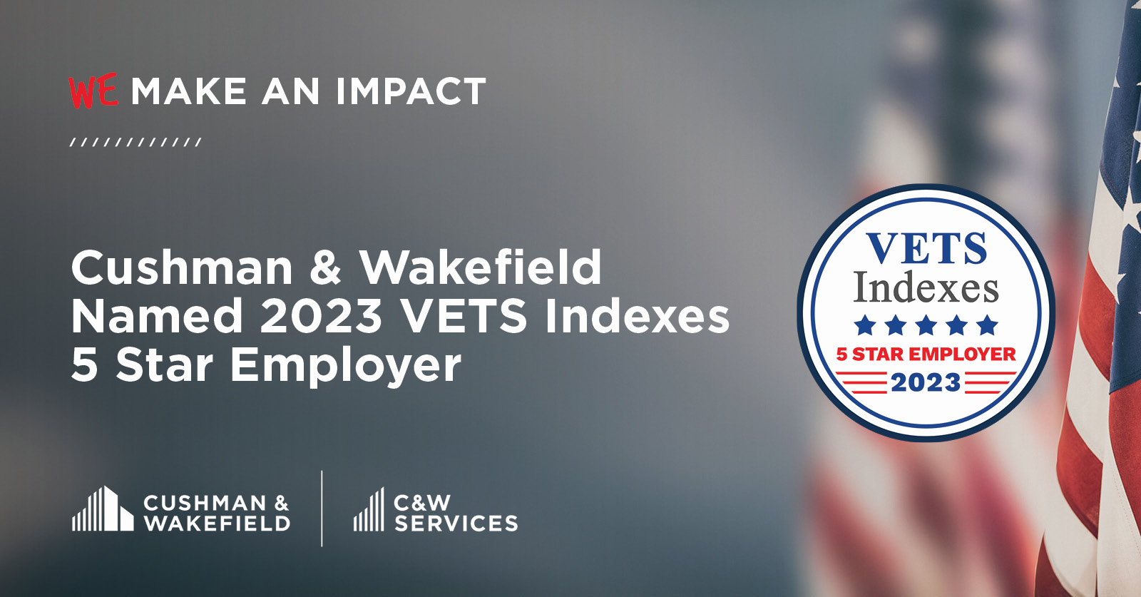 An american flag with the words make an impact cussman wakefield named 2020 vets star employee index.