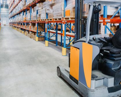 A forklift in a warehouse.