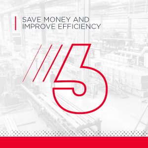 Graphic with text "Save money and improve efficiency," featuring a stylized number 6 over a blurred industrial factory background.