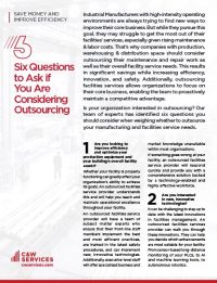 Screenshot of thought leadership piece titled "Six questions to ask if you are considering outsourcing" with various text boxes and red annotations emphasizing key points.