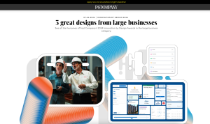 Screenshot of a webpage from Fast Company titled "5 great designs from large businesses." Background shows professionals in hard hats and various digital design elements.