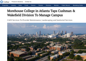 Aerial view of Morehouse College in Atlanta with city skyline in the background. Headline on top reads, "Morehouse College in Atlanta Taps Cushman & Wakefield Division To Manage Campus.