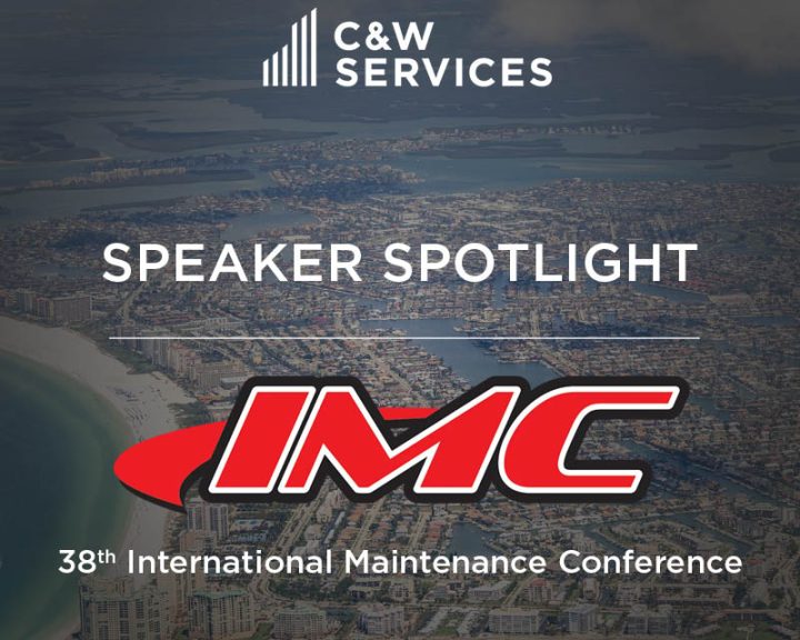 C&W Services Speaker Spotlight for the 38th International Maintenance Conference (IMC) with a city aerial view background.