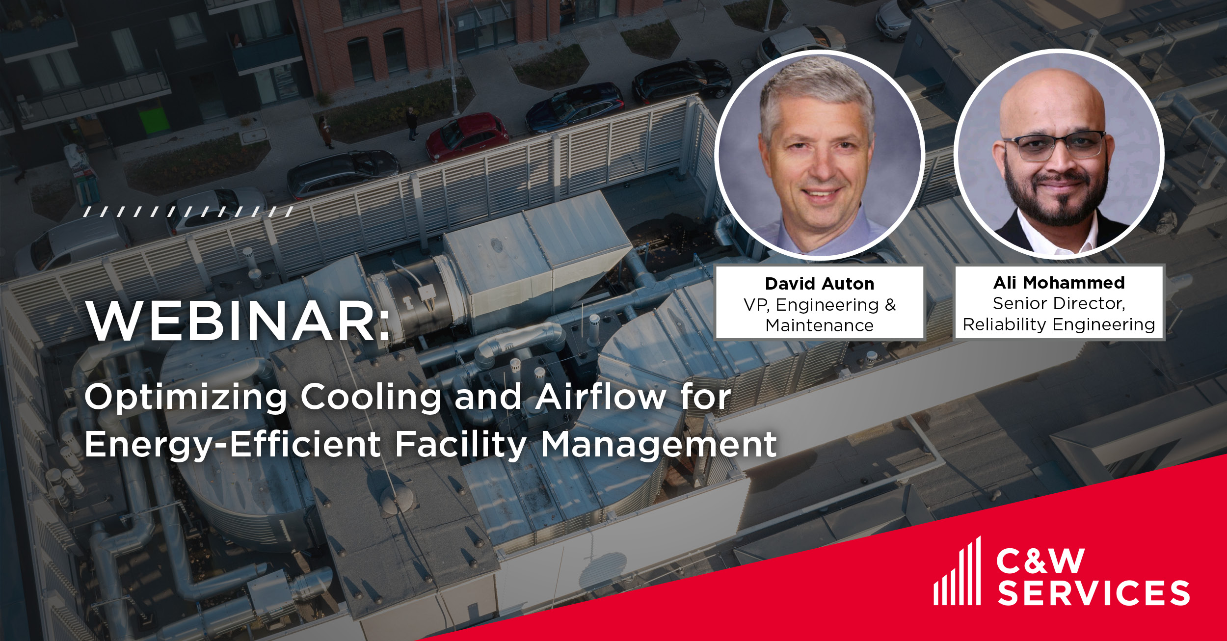 Webinar announcement titled "Optimizing Cooling and Airflow for Energy-Efficient Facility Management" featuring David Auton and Ali Mohammed.