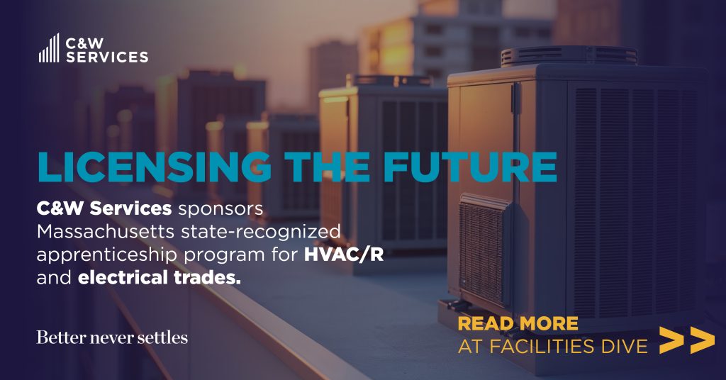 Rooftop HVAC units at sunset with text promoting C&W Services’ sponsorship of a Massachusetts HVAC/R and electrical trades apprenticeship program.
