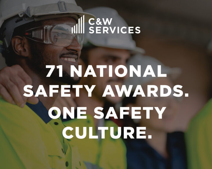 A group of workers in safety gear stand together. Overlaid text reads: 