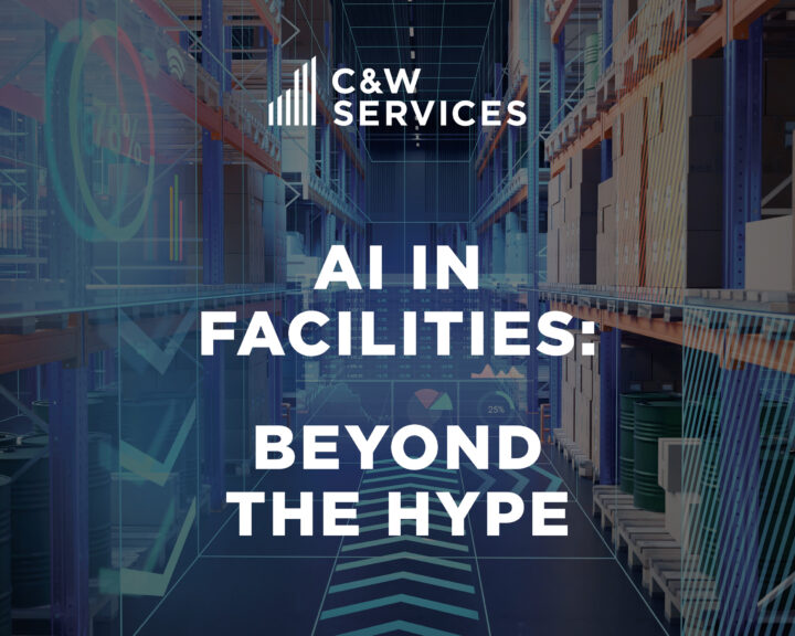 A warehouse aisle with shelves of boxes, overlaid with digital graphics. Text reads: 