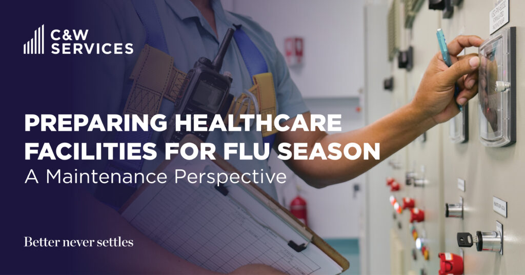 A maintenance worker adjusts control panels in a healthcare facility; text overlay reads "Preparing Healthcare Facilities for Flu Season: A Maintenance Perspective.