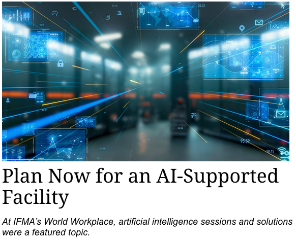 A futuristic control room with digital screens and holographic data displays, representing AI-supported facility management technology.