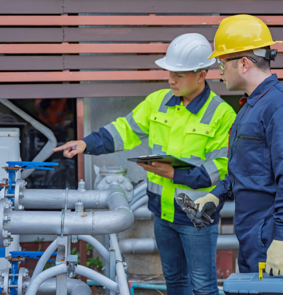 Two workers in safety gear inspect industrial piping; one holds a clipboard and points, while the other holds tools and listens attentively.