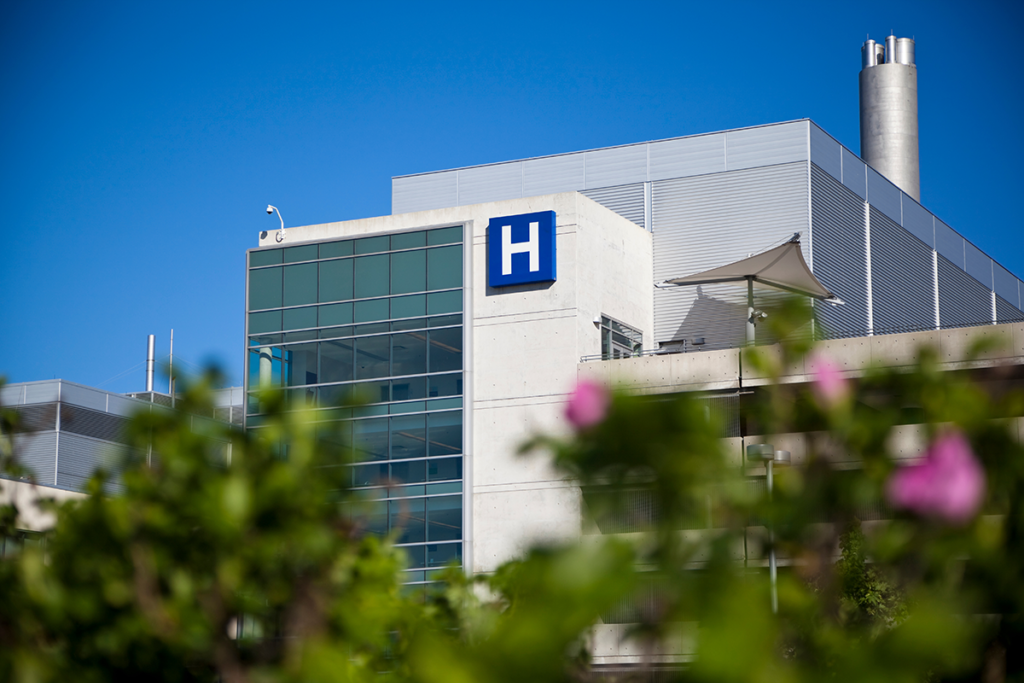 A modern hospital building with a large blue "H" sign, glass windows, and visible exterior vents, partially obscured by green foliage and pink flowers in the foreground.
