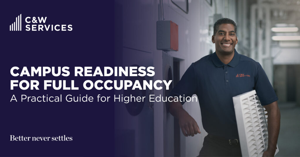 A man in a C&W Services shirt holds a light fixture in a hallway next to text promoting a campus readiness guide for higher education.
