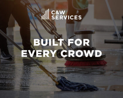 Close-up of cleaning equipment in use on a shiny floor, with the text “C&W Services Built For Every Crowd” overlaid.