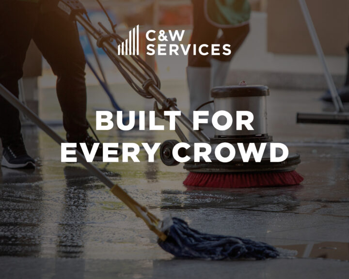 Close-up of cleaning equipment in use on a shiny floor, with the text “C&W Services Built For Every Crowd” overlaid.